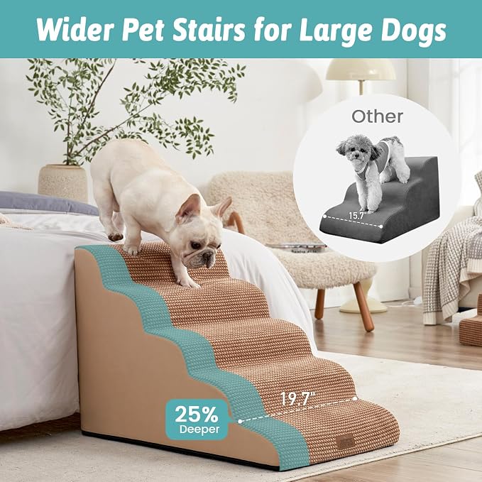 COZY KISS Extra Wide Dog Stair for Small Dog, 5 Step Pet Ramp for Bed | Curved Stable Dog Step for Puppy, Older Cat, Senior, Medium, Short-Legged Dog, Non-Slip Ladder for High Bed, Light Brown