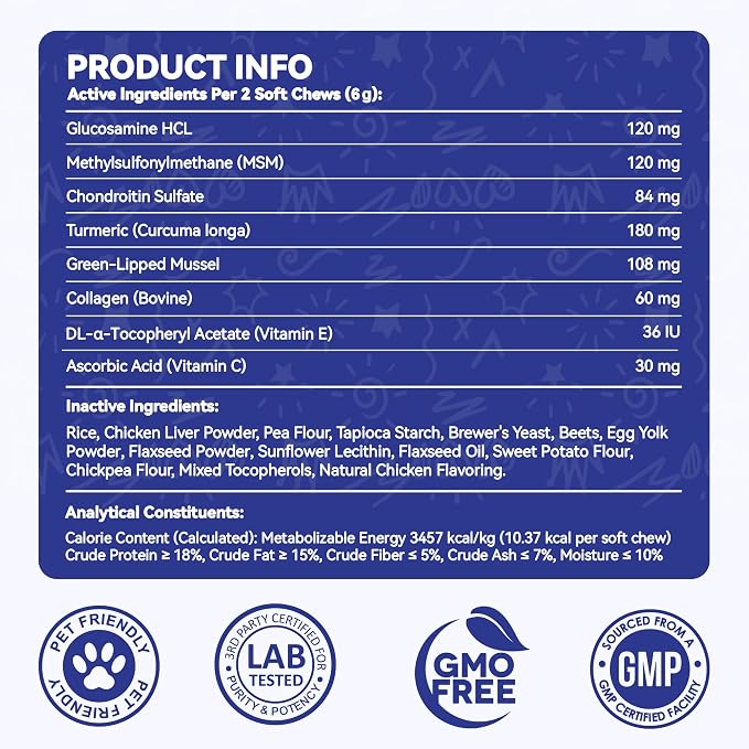 Hip & Joint Supplement for Dogs, Hip and Joint Chews Support Mobility, Senior Small All Breed Pain Relief with Glucosamine Chondroitin MSM Turmeric Green Lipped Mussel, Chicken Flavor, 100 Ct
