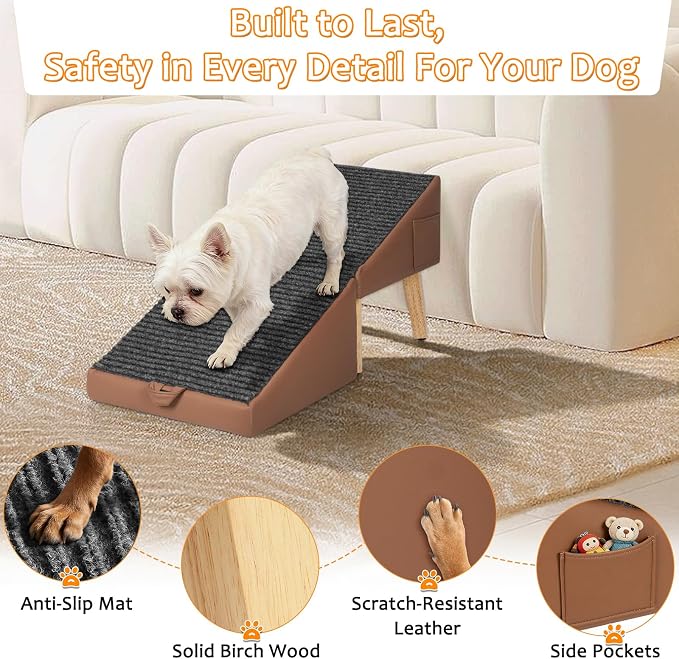 2-in-1 Foldable Dog Ramp for Couch and Bed, 14.4" H Dog Ramps for Small Dogs and Cats, Wooden Pet Stairs with Non-Slip Mat & Side Pockets, Split Ottoman Pet Ramp Steps for Medium Dogs, Puppy