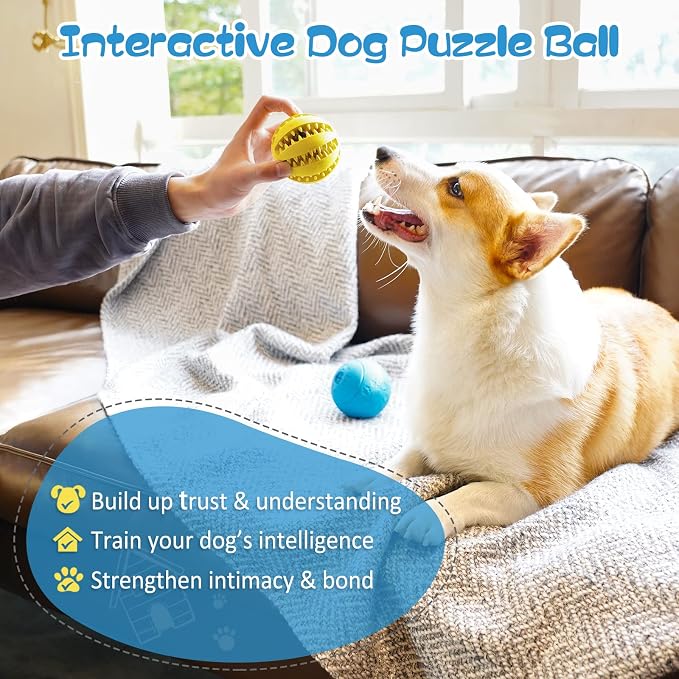 HIPPIH Dog Puzzle Toy 2 Pack, Interactive Dog Toys for Treat Dispensing | Durable Puppy Enrichment Toys, Dog Treat Ball for Teething, Slow Feeder, IQ Training, Yellow-2.75'', Blue-3.14''