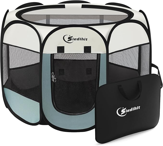 Siedihit Large Dog Cat Playpen, Puppy Pet Playpen Indoor for Dog Crate Tent Cage Outdoor, Portable Pop Up Dogs Enclosure Kennel with Carrying Case for Dogs/Cats/Rabbits, Grey