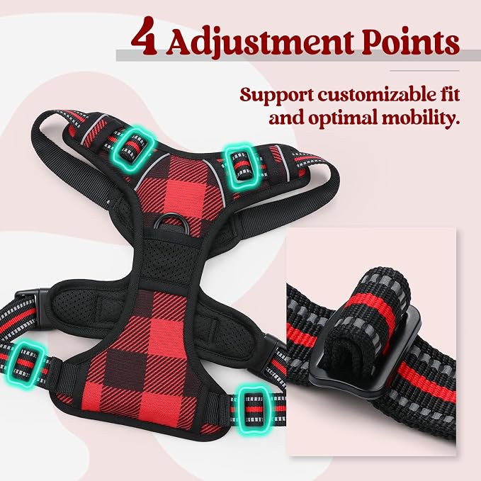 rabbitgoo Dog Harness, No Pull for Large Dogs with 2 Leash Clips, Pet Vest | No Choke with Handle, Adjustable Soft Padded, Reflective, Easy Control for Walking, Red Plaid, Small