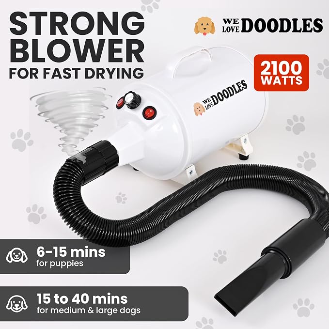 Dog Hair Dryer, High Velocity Blow Dryer & Pet Blower for Grooming, White | Adjustable Speed & Temperature Settings, Powerful Force Dryer Motor, Dries Fast & Fluffs Out Undercoat, Doodles & Poodles