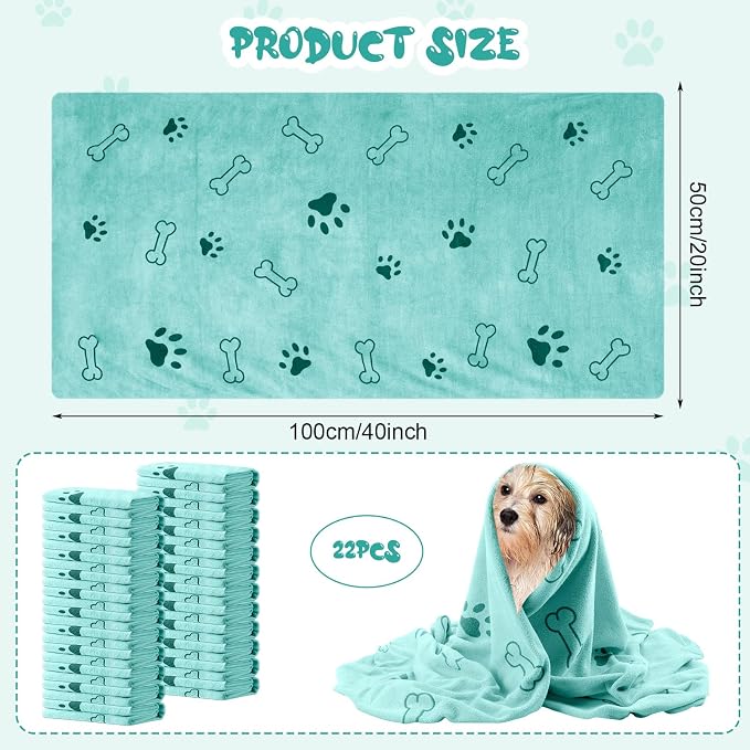 Tatuo 22 Pcs Dog Towels for Drying 20 x 40 Inch Pet Bath Towels Absorbent Microfiber Towel Quick Drying Puppy Bathing Supplies for Small Medium Large Dog Puppy Cat(Teal,Bone Pattern)