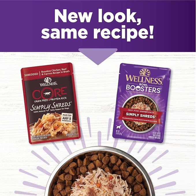 Wellness Bowl Boosters Simply Shreds Wet Dog Food Topper for Small,Medium,& Large Breeds,Grain Free,Natural,Chicken,Beef & Carrots,2.8 Ounce Pouch,(Pack of 24)