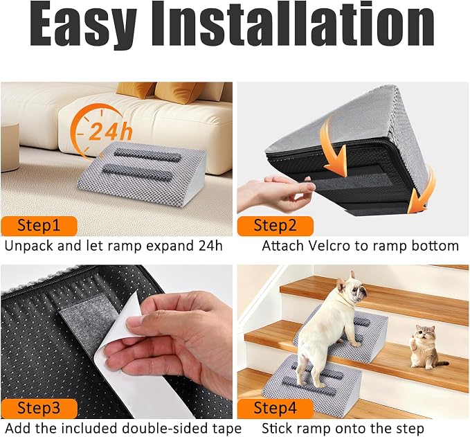 Dog Ramp for Stairs with Anti-Slip Bump for Small & Senior Dogs and Cats – Stair Wedges for Dogs with Gentle Slope, Pet Ramp with Washable Cover & Self-Sticky Pads for Safe Climbing (Gray, 6 Pack)
