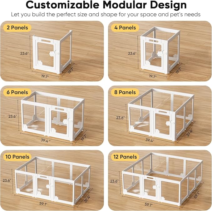 24” Acrylic Clear Dog Play Pen Indoors 8 Panels, Puppy Playpen with Door for Small Dogs Puppies, Transparent Plastic Pet Playpen Cage Fence Crate Kennel for Cat Kitten Rabbit Bunny Ferret etc