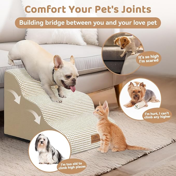 Zerbuger Dog Ramp and Stair for Bed 16" H-20 H,3-Step Cat Stair for Sofa and Chair,4-Step Dog Ramp for High Bed and Window,Durable Nonslip Fabric Cover for Indoor (Beige-16 H, Pet Friendly, 3)