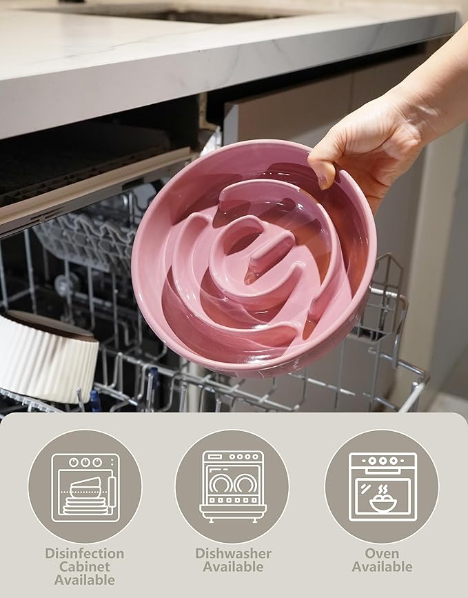Ceramic Slow Feeder Dog Bowls Elevated, 2.0 Cups Slow Feeder for Medium Dogs, Puzzle Maze Bowl to Slow Down Eating, 30oz, 8in, Pink
