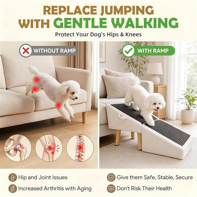 16" H Dog Stairs & Ramp for Small Dogs, 2-in-1 Foldable Wooden Dog Ramp for Low Bed and Couch, Non-Slip Split Ottoman Pet Ramp, Safe for Puppies, Senior, Injured Dogs, White