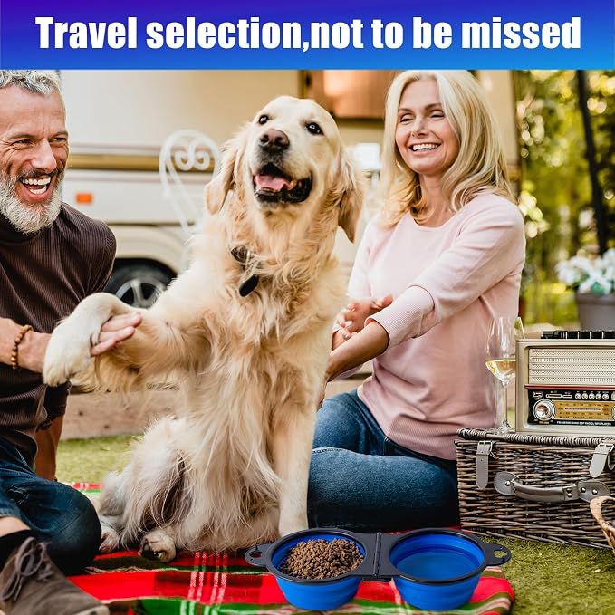SLSON Collapsible Dog Dual Bowls with Lock Clips, Blue