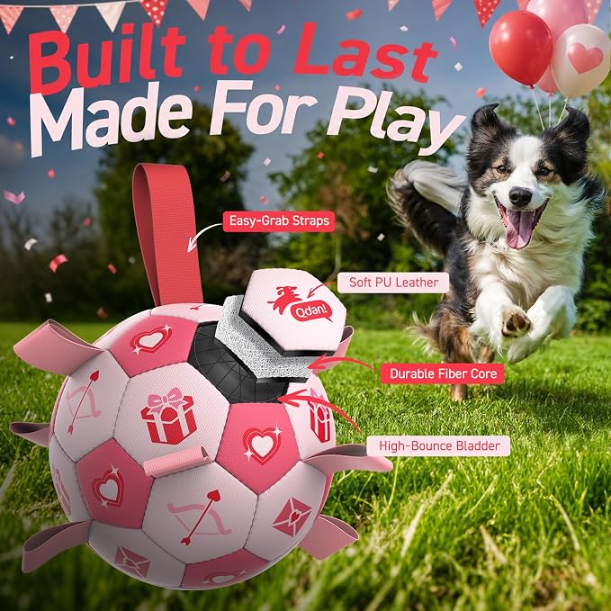 QDAN Dog Birthday Toys, Pink Soccer Ball with Straps, Interactive Tug of War Toy, Puppy Birthday Gifts, Water Toy, Durable Dog Balls for Medium Large (8 Inch)