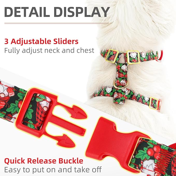 PUPTECK Christmas Dog Harness Collar and Leash Set with Gift Box, No Pull Soft Light Pet Harness, Reflective Adjustable Puppy Vest, for Small Sized Dogs Cats Walks, Red&Green S