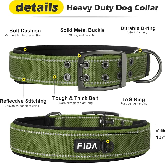 Fida Heavy Duty Dog Collar for Large Dogs with Metal Belt Buckle, Green | 1.5" Width, Soft Neoprene Padded, Thicker Nylon Webbing, Adjustable Fit, Reflective Stitching for Night Safety
