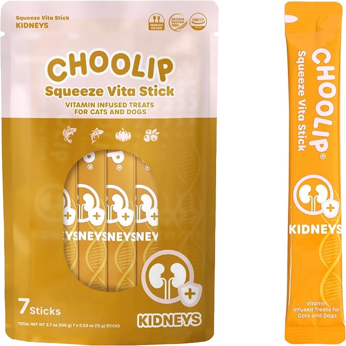 Choolip Squeeze Vita Stick Lickable Cat and Dog Treats, 7-Count Kidney Support, Tuna and Pollack with Pumpkin, Blueberry and Omega-3, Grain-Free, Vet-Formulated