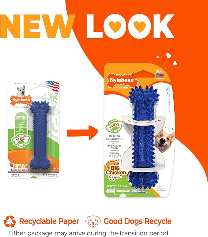 Nylabone Flexi Chew Dental Gumabone Dog Chew Toy, Chicken Flavor, Small | Dog toys for small dogs up to 25 lbs, teeth-cleaning textures, flexible material, gentle on teeth, great for seniors