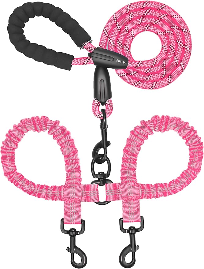 iYoShop Double Dog Leash, 360° Swivel, No Tangle, Large, 25-150 lbs, Pink | Dual Leash for Two Dogs, Split Leash, Shock-Absorbing Bungee, Padded Handle, Heavy-Duty Rope