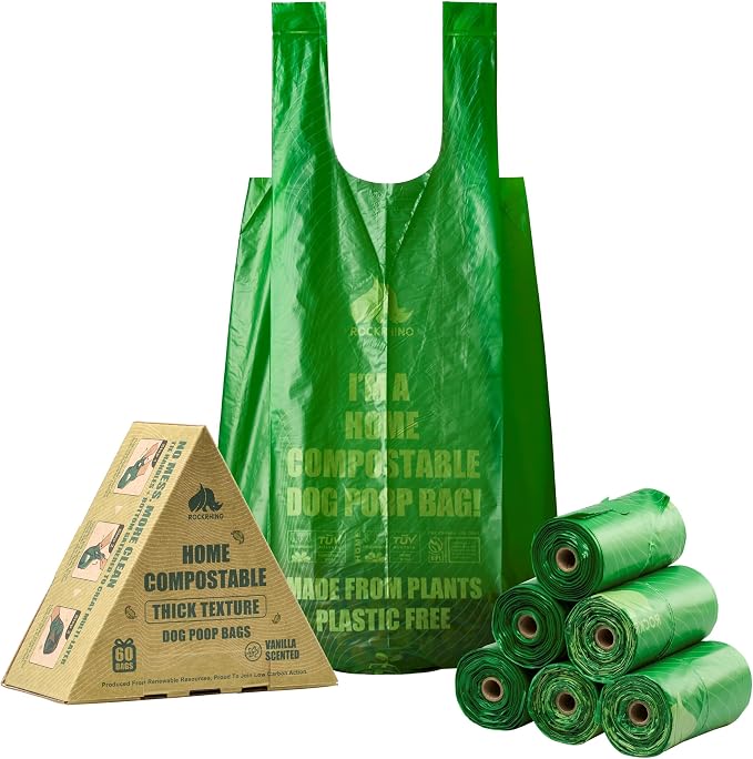 Ultra Thick & Deep RockRhino Dog Poop Bags for Large & XL Breeds | 4-Layer Interlocked Bottom | 100% Home Compostable, 0% Plastic | Vanilla-Scented | 60 Bags, Easy Open Tie Handles, Not for Scooper