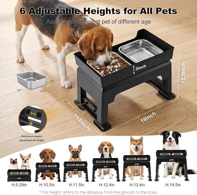 ZOMISIA 3-in-1 Elevated Dog Bowls - 6 Height Adjustable Raised Dog Bowl Stand, Double Deck Design Mess Proof, Feeding Station with 2 Stainless Steel Bowls & Licking Plate for Small Medium Large Pets