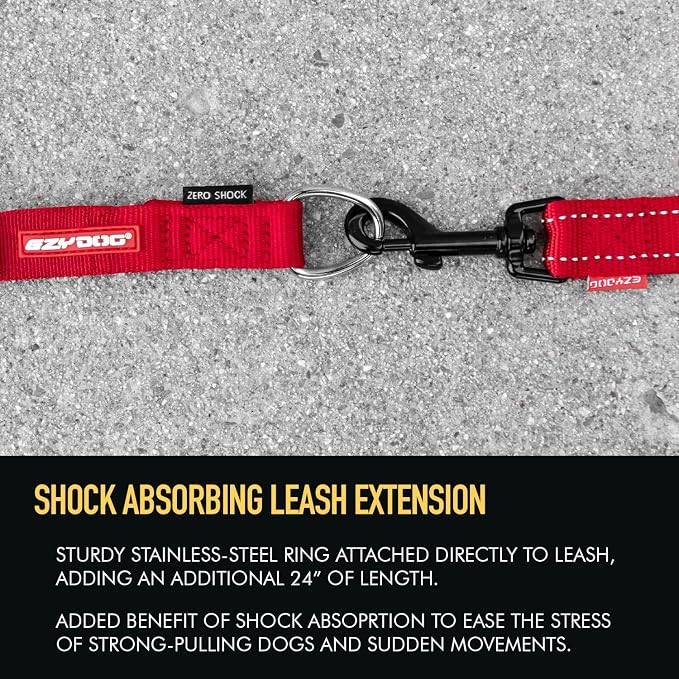 EzyDog Zero Shock Leash Extension, 24" Bungee Leash Extender - Red | Shock Absorbing Leash Extension, 24-Inch Length, Soft Touch Webbing, Traffic Control Handle, For Dogs That Pull