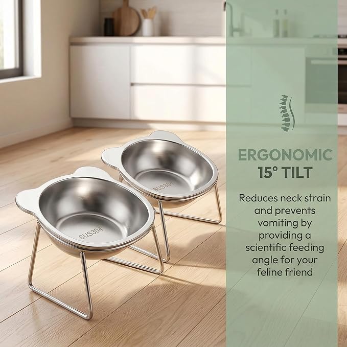 Sterling Whiskers Orthopedic Feeding Bowl, 2 Pack Raised Cat Bowls, 15° Tilted Stainless Steel Elevated Dishes for Small Cats & Dogs, Anti Vomit, Whisker & Spine Friendly