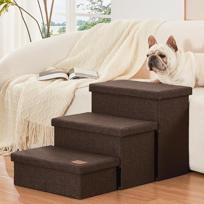 Love's cabin Dog Stairs for High Bed 18" H, Foldable Pet Stairs for Small Medium or Large Dogs Puppy with Storage for Bed or Couch, Cat Dog Steps Ramp with Zip up to 200 lbs, Coffee, 3 Steps