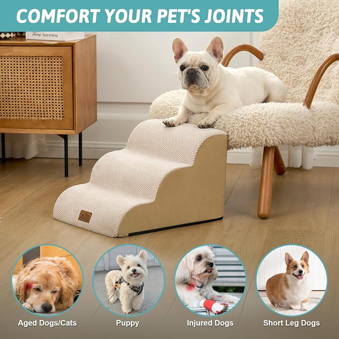 COZY KISS Dog Stairs for Small Dogs, 3 Step Pet Stairs for Beds & Couches | 13" H Curved Non-Slip Foam Dog Steps with Washable Cover for Puppies, Older Cats & Small Dogs, 15.7x19.7x13 in, Beige