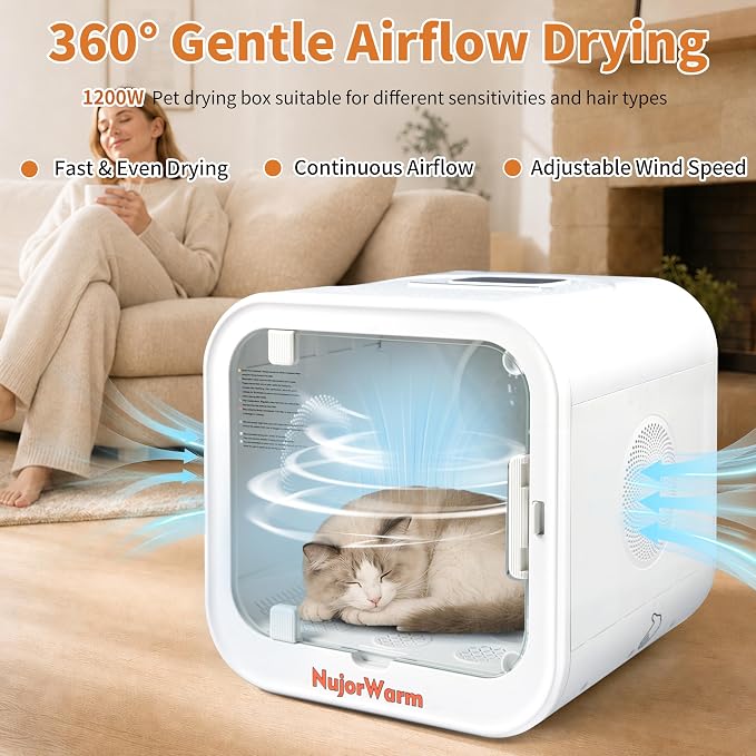 Pet Drying Box, 61L Quiet Hair Dryer for Cats and Small Dogs | 360° Fast Drying Adjustable Temperature & Speed Settings Overheat Protection Low Noise Smart Soft Hair Grooming Dryer 1200W