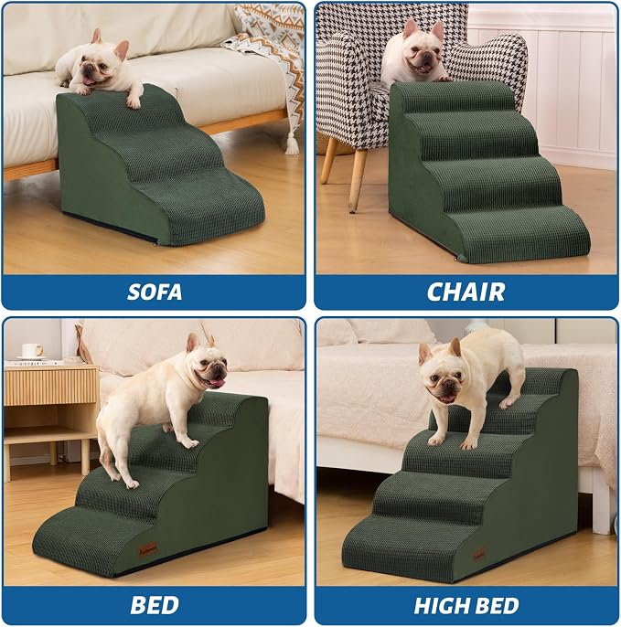 Aodisman Dog Steps for Bed, 4-Step Dog Stairs Ramp for Small Dogs and Cats, Indoor Non-Slip Pet Stairs Suitable for Older, Short-Legged, and Puppy Dogs to Climb Onto High Beds and Couch, 17.4" H,Green