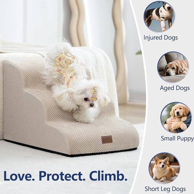 GoGoBunny Ramp Dog Stairs for Couch Sofa and Chair 15.7" H, 3-Step Pet Steps for Small Dogs and Cats, Non-Slip Waterproof Fabric Cover, Stable and Balanced Indoor Step, Pets Friendly, Beige