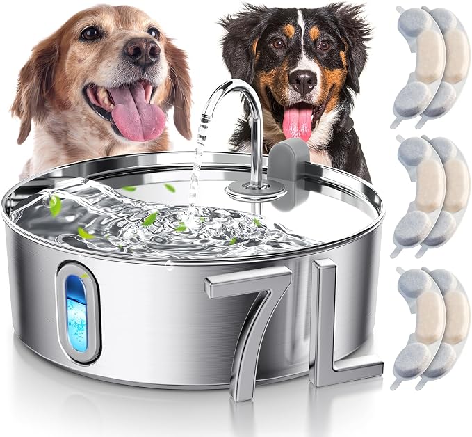 Smartoo Dog Water Fountain for Large Dogs 7L/236oz Stainless Steel Dog Water Bowl Dispenser Automatic Cat Water Fountain with Deeper Drinking Area, Multi-Filtration Pet Fountain with 6 Filters