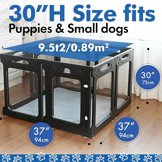 Tall Clear Dog Playpen Indoor, Expandable Size & Flexible Shape, Height 30 Inch, Ideal for Small & Toy Dogs, Black