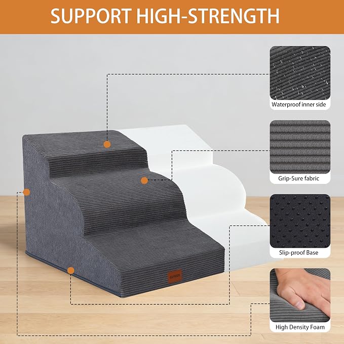 Dog Stairs for Small Dogs,15.7" H,3-Step Curved Pet Ramp for Bed Couch Sofa and Chair,Non-Slip Pet Steps for Injured & Senior Pets with Washable Cover and Durable High Density Foam,Grey