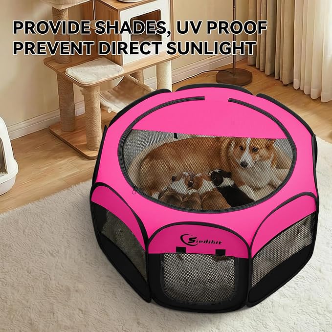Siedihit Dog Playpen, Medium Puppy Pet Playpen, Dog Crate Tent Cage Indoor/Outdoor, Portable Pop Up Dogs Kennel Playpen with Carrying Case for Dogs/Cats/Rabbits, Hot Pink