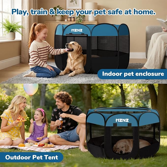 Dog Playpen, Portable Puppy Pet Crate Indoors for Small/Medium/Large Dogs Cats Rabbits, Foldable Dog Cage Enclosure for Outdoor, Pop Up Dogs Tent Kennel with Carrying Case, Blue Black