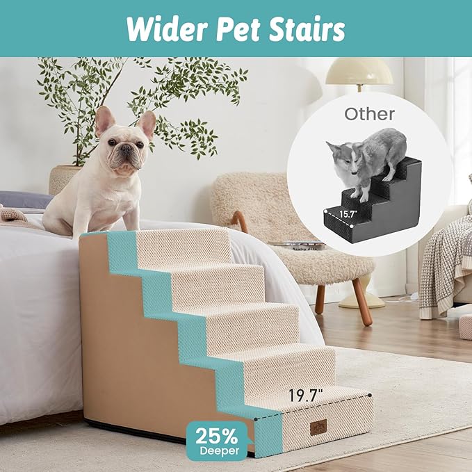 COZY KISS Dog Stairs for Small Dogs, 5 Step Pet Stairs for Beds & Couches | 23.6" H Wider Non-Slip Dog Steps for Bed, Ideal for Puppies, Senior Cats, and Small to Medium Dogs, 19.7x29.5x23.6 in, Beige
