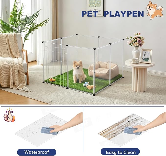 BRIAN & DANY Dog Playpen Portable for Small Animals, Dog Play Pen Indoor, Transparent Pet Playpen for Puppies, Cats, 8 Panels - 28 X 20 Inch