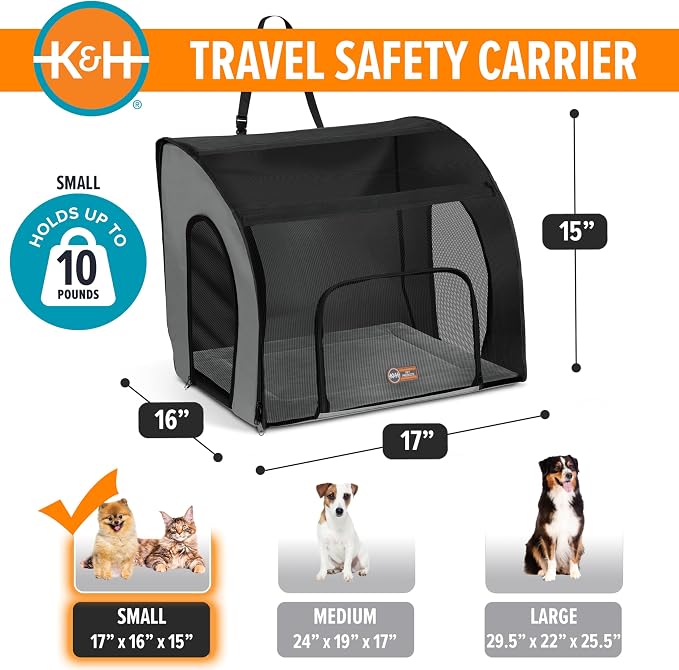 K&H Dog Car Seat, Travel Safety Carrier, Small, Gray/Black, 17x16x15in
