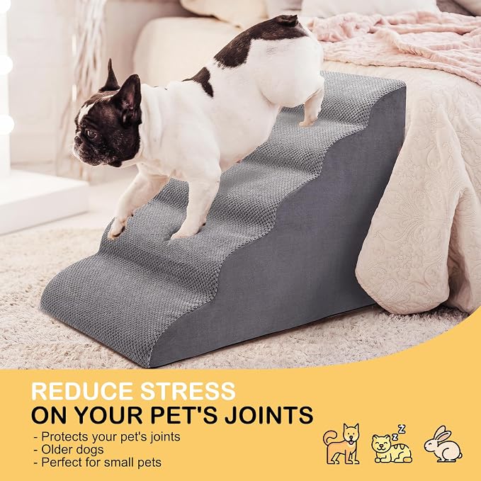 CiWiVOKi Dog Stairs for Bed and Couch, Non-Slip 5-Step Pet Stairs, 24" High Sofa Foam Dog Ramp - Best for Small Pets, Dogs and Cats with Joint Pain