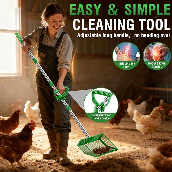 TOOGE Large Chicken Poop Scooper: 2-in-1 Metal Pooper Scooper & Rake Adjustable 62" Long Handle Stainless Steel Sand Sifting Litter Shovel Chicken Coop Scoop Cleaning Tool for Goat Farm Yard Green