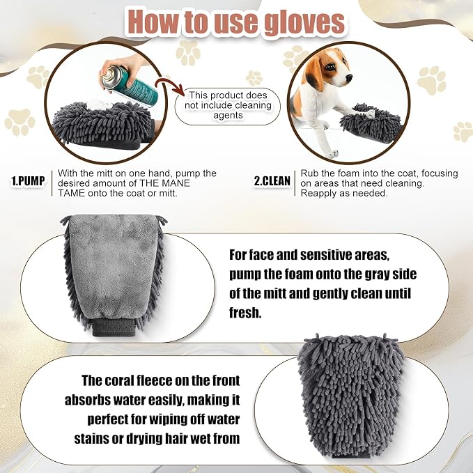 Teenyyou 2 Pcs Dog Towel Mitt Dry Bath Gloves Chenille Microfiber Paws Clean Pet Hair Washing Gloves Dog Grooming Mitts Bath Supplies for Cats Rabbits Horses Suitable for Long/Short/Poodle Fur(Grey)