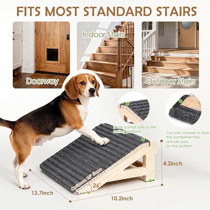 Dog Stairs Ramp for Small & Aged Dogs, Wooden Anti-Slip Pet Steps | 4.2"H, 26° Pet Ramp for Injured Pets, Premium Solid Wood, Anti-Slip Carpet Surface, Joint-Friendly,Dog Stairs for Small Dogs