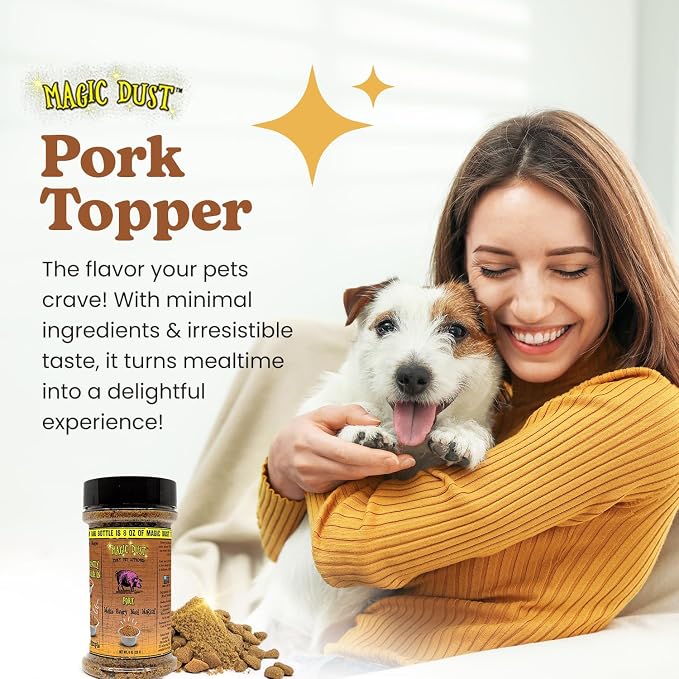 Magic Dust Pork Jerky Topper, Single Protein Pet Food Topper for Dogs & Cats, Enhance Flavor & Elevate Mealtime Excitement for Picky Eaters - 8 Ounce Bottle in Pork Flavor