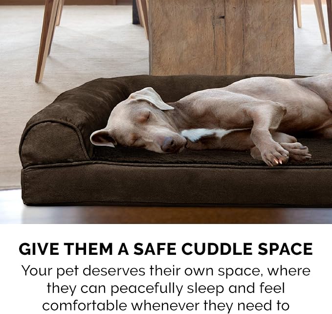Furhaven Memory Foam Dog Bed for Medium/Small Dogs w/ Removable Bolsters & Washable Cover, For Dogs Up to 35 lbs - Plush & Suede Sofa - Espresso, Medium