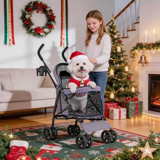 MoNiBloom 4-Wheel Foldable Pet Stroller - Plaid, up to 22lbs