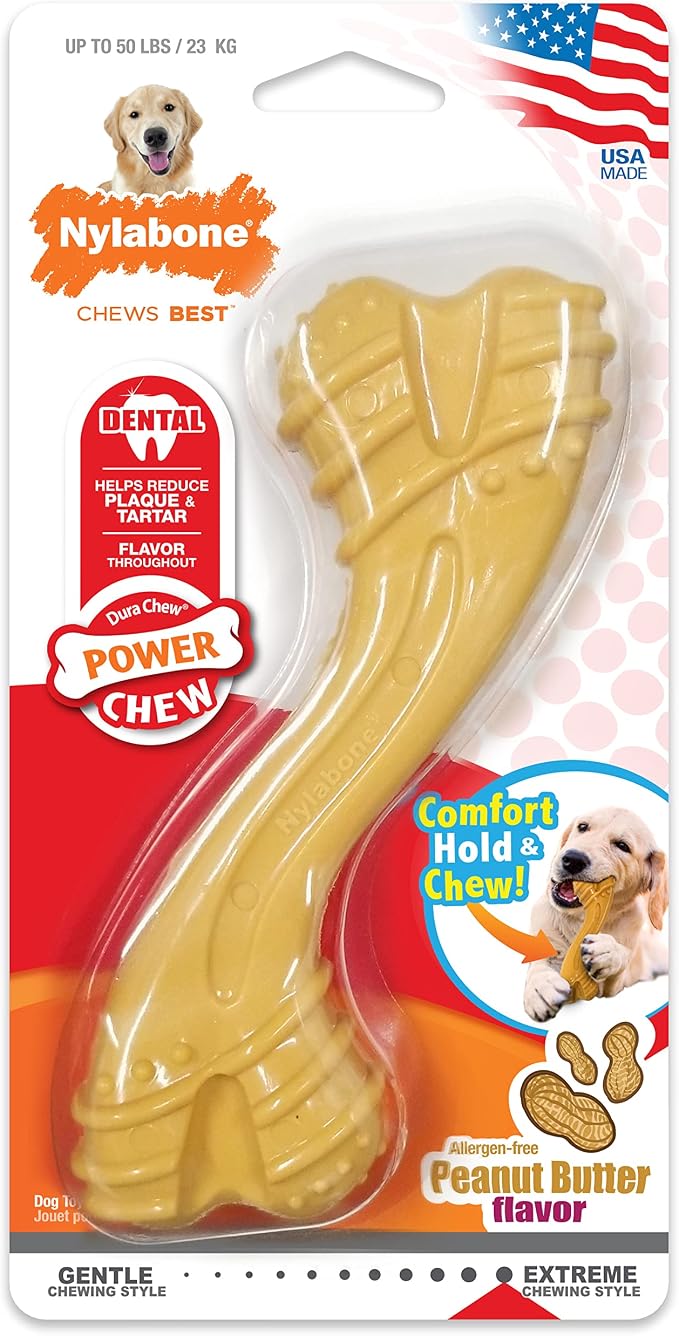 Nylabone Power Chew Curvy Dental Bone Dog Chew Toy, Large | Peanut butter flavor, durable dog toys for aggressive chewers, long lasting, teeth-cleaning textures, for dogs up to 50 lbs