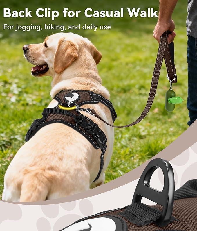 Joytale No Pull Dog Harness for Large Dogs, Front Clip, Brown | Grab Handle for Instant Control, Padded & Adjustable Vest, Sturdy Metal D-Rings, for Safe Training & Daily Walking