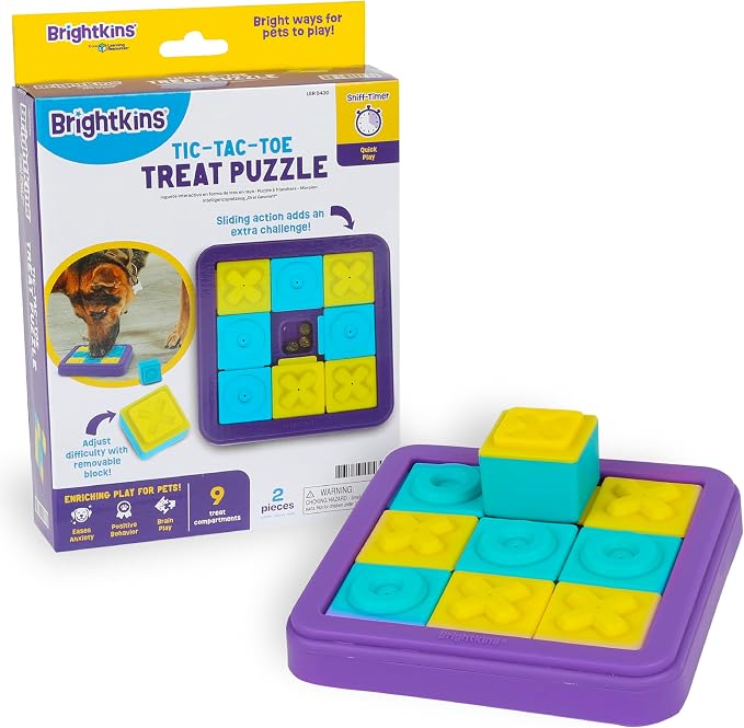Brightkins Tic Tac Toe Treat Puzzle - Enrichment Toys for Dogs, Interactive Puppy Toys, Cat Feeder Toy, Puzzle Feeder for Dogs and Puppies, Dog Toy Brain Stimulation, Pet Games for Boredom