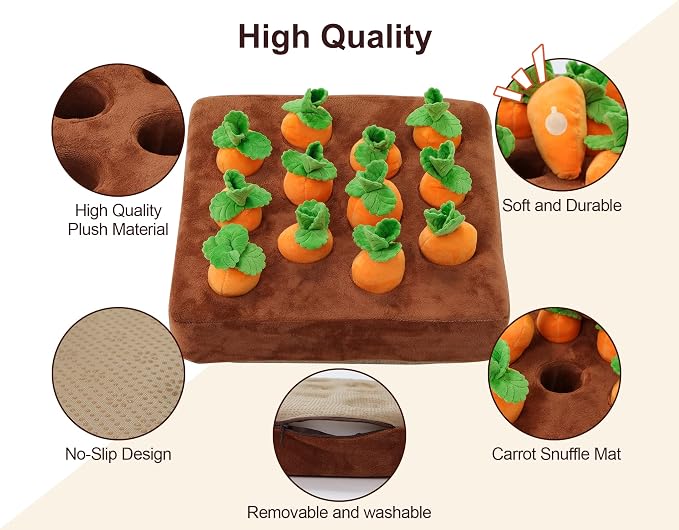 Squeak Carrot Snuffle Mat & Puzzle Toy for Dogs Enrichment with 12 Carrots | Sniff Mat & Interactive Toy, Hide Treats in 12 Carrots, Non-Slip Base, Foraging & Mental Stimulation, Durable & Easy Clean