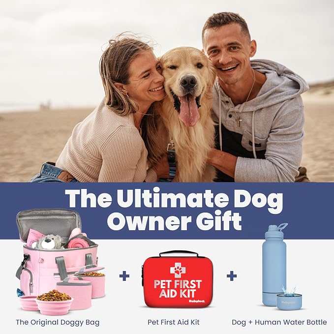 The Original Doggy Bag Dog Travel Kit with Bowls & Food Containers, Light Pink